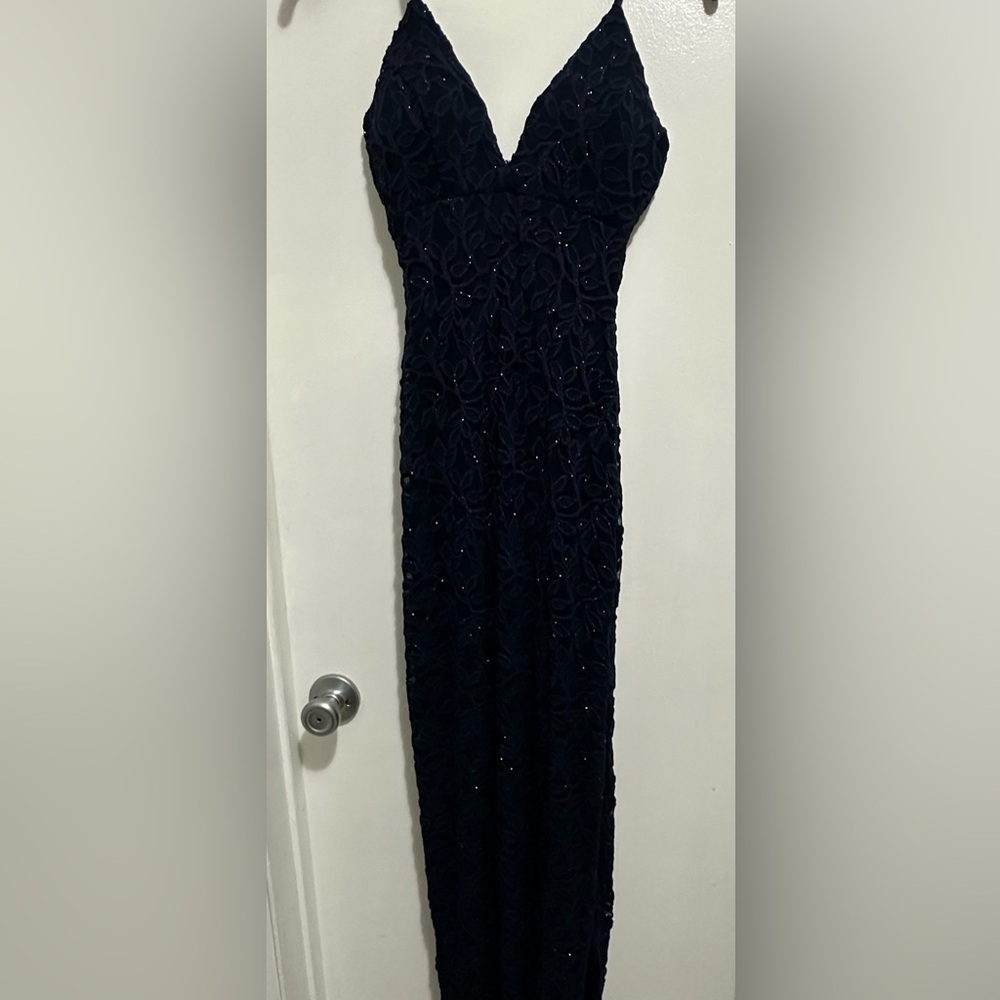 Windsor Navy Asymmetrical Plunge Neck Gown